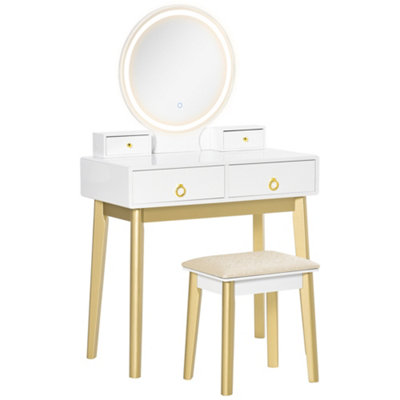 HOMCOM Dressing Table Set With LED Mirror, Stool & 4 Drawers Makeup Desk White
