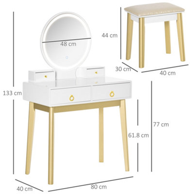 HOMCOM Dressing Table Set With LED Mirror, Stool & 4 Drawers Makeup Desk White