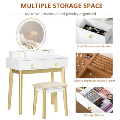 HOMCOM Dressing Table Set With LED Mirror, Stool & 4 Drawers Makeup Desk White