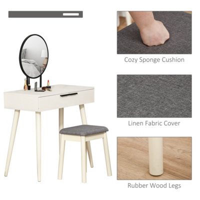 HOMCOM Dressing Table Vanity Set Make Up Desk with Round Mirror & Stool White
