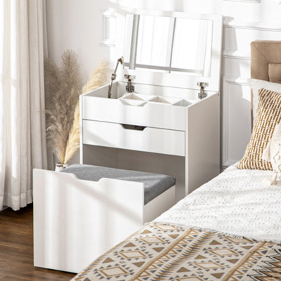 White vanity with mirror store and stool