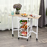 HOMCOM Drop-Leaf Kitchen Trolley w/ 3 Baskets Drawer Surface Top 6 Wheels White