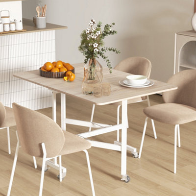 HOMCOM Drop Leaf Table with 6 Wheels Folding Dining Table Oak