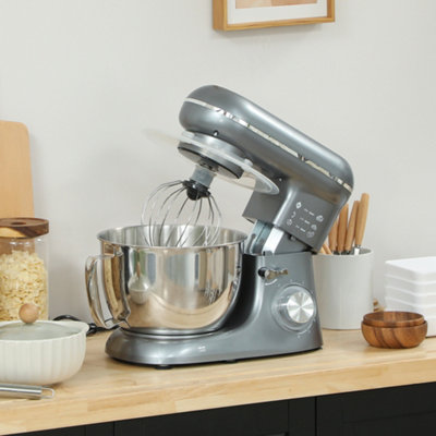 HOMCOM Electric Stand Mixer, 4.5L Food Mixer with Dough Hook, Whisk, Silver