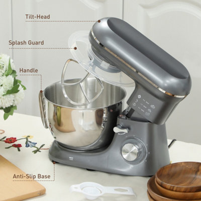 HOMCOM Electric Stand Mixer, 4.5L Food Mixer with Dough Hook, Whisk, Silver