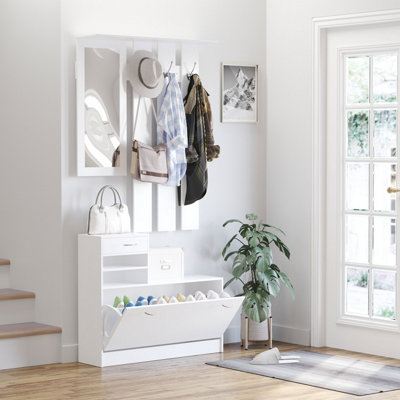 HOMCOM Entryway Organizer Shoe Storage Space Saving Mirror Chest Wardrobe Drawer