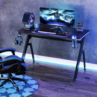 Ergonomic Gaming Desk with Hook Cup Holder LED & Cable Management, Black DIY at B&Q
