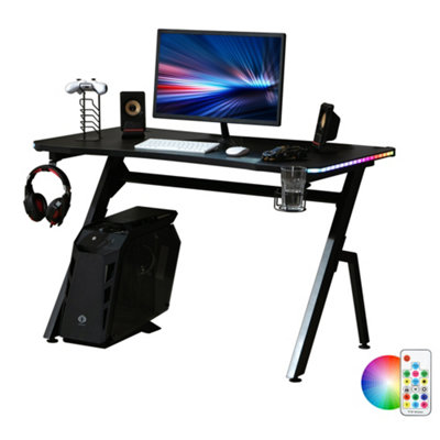 HOMCOM Ergonomic Gaming Desk with Hook Cup Holder LED & Cable Management, Black