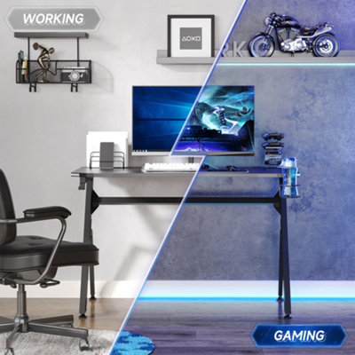 HOMCOM Ergonomic Gaming Desk with Hook Cup Holder LED & Cable Management, Black