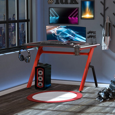 Ergonomic Gaming Desk with Hook Cup Holder LED & Cable Management, Red DIY at B&Q