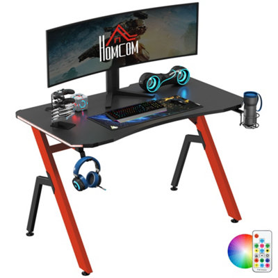 HOMCOM Ergonomic Gaming Desk with Hook Cup Holder LED & Cable Management, Red