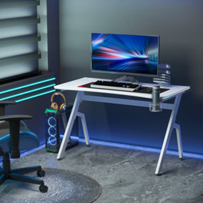 HOMCOM Ergonomic Gaming Desk with Hook Cup Holder LED & Cable Management, White