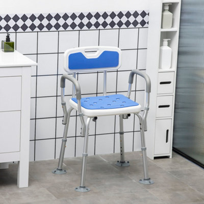 HOMCOM EVA Padded Shower Stool with Arms and Back, 4 Suction Foot Pads Blue