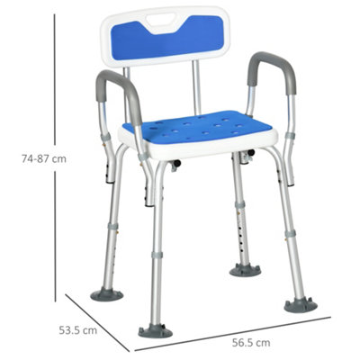 HOMCOM EVA Padded Shower Stool with Arms and Back, 4 Suction Foot Pads Blue