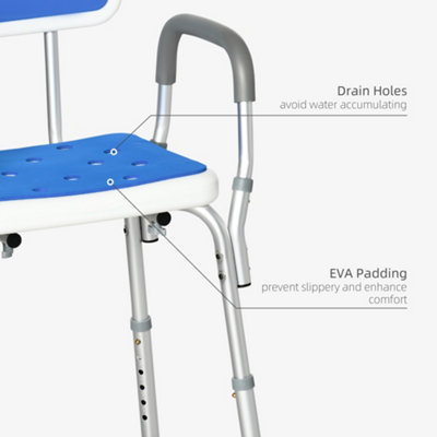 HOMCOM EVA Padded Shower Stool with Arms and Back, 4 Suction Foot Pads Blue