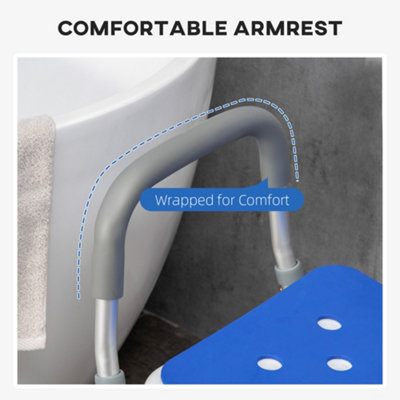 HOMCOM EVA Padded Shower Stool with Arms and Back, 4 Suction Foot Pads Blue
