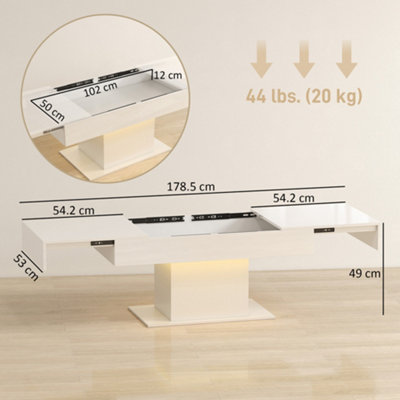 HOMCOM Extendable Coffee Table, Living Room Table with LED Lights, White