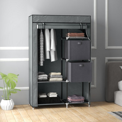 HOMCOM Fabric Portable Wardrobe with 2 Fabric Drawers, Hanging Rail, Grey