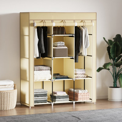 HOMCOM Fabric Portable Wardrobe with 8 Shelves 2 Hanging Rails, Beige