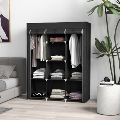 HOMCOM Fabric Portable Wardrobe with 8 Shelves 2 Hanging Rails, Black