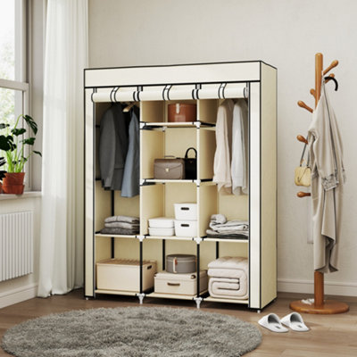 HOMCOM Fabric Portable Wardrobe with 8 Shelves 2 Hanging Rails, Cream White