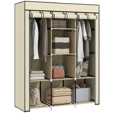 HOMCOM Fabric Portable Wardrobe with 8 Shelves 2 Hanging Rails, Cream White