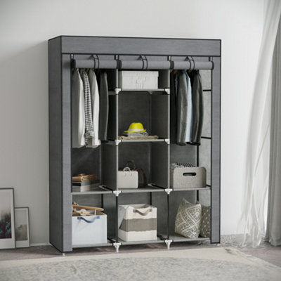 HOMCOM Fabric Portable Wardrobe with 8 Shelves 2 Hanging Rails, Grey