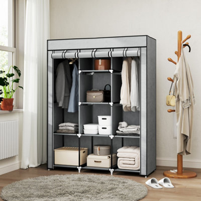 HOMCOM Fabric Portable Wardrobe with 8 Shelves 2 Hanging Rails, Light Grey