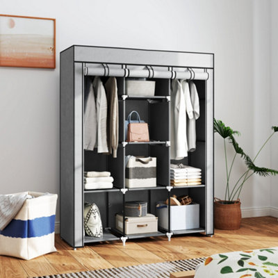 HOMCOM Fabric Portable Wardrobe with 8 Shelves 2 Hanging Rails, Light Grey