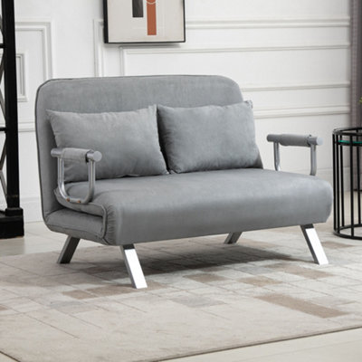 HOMCOM Fabric Sofa, Convertible 2 Seater Sofa Bed w/ Pillows, Light Grey