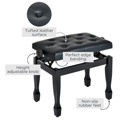 HOMCOM Adjustable Piano Stool – Black Faux Leather Keyboard Bench With Wood Base