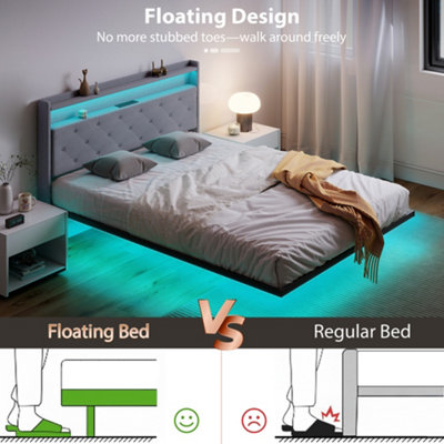 HOMCOM Floating Bed Frame with RGB Lights, Upholstered King Size Bed, Grey