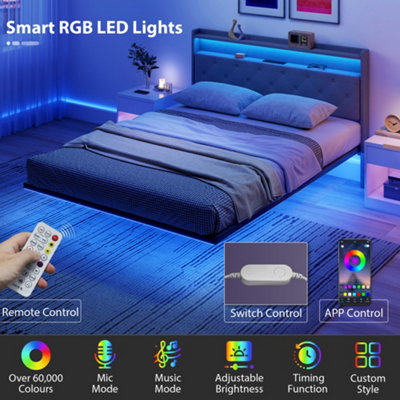 HOMCOM Floating Bed Frame with RGB Lights, Upholstered King Size Bed, Grey