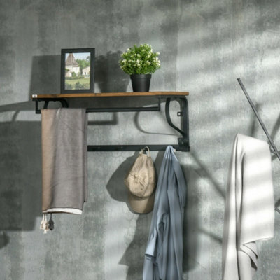 5 Hook Wood Wall Mounted Floating Bathroom Shelf and Towel Rack