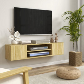 HOMCOM Floating TV Unit for 60" TVs W/ Shelves and Cabinets, Natural Wood Effect