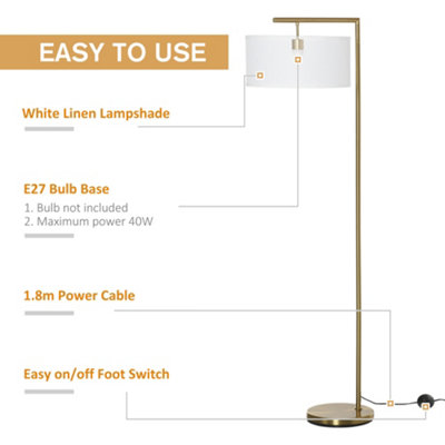 HOMCOM Floor Lamp, Modern Standing Light with Linen Lampshade, Round Base, 153cm, Gold and White