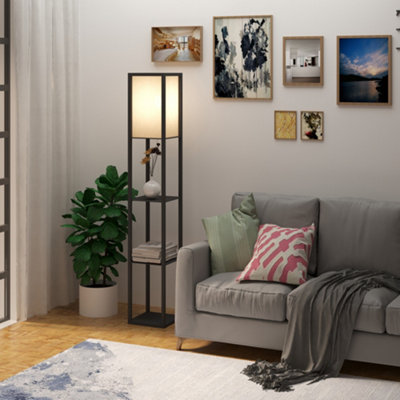 HOMCOM Floor Lamp Reading Lamp with 3 Tier Storage Shelf for Home Office Black