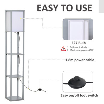 HOMCOM Floor Lamp Reading Lamp with 3 Tier Storage Shelf for Home Office Grey