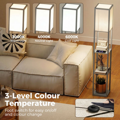 HOMCOM Floor Lamp with 3-Tier Storage Shelf for Home Office, Grey