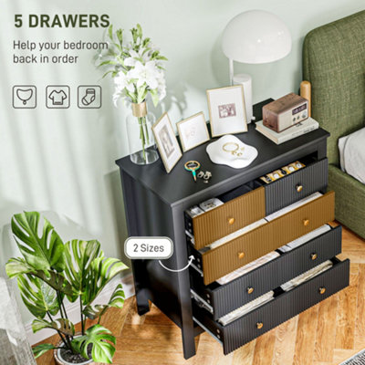 HOMCOM Fluted Bedroom Chest Of Drawers | 5 Drawers With Gold Tone Handles |  Black Modern Dresser Black Dresser