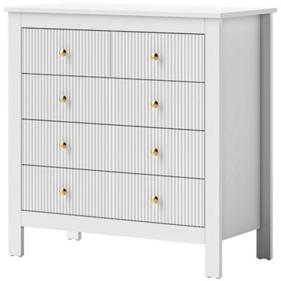 HOMCOM Fluted Bedroom Chest of Drawers w/ 5 Drawers Gold Tone Handles White