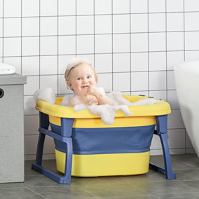 HOMCOM Foldable Baby Bathtub for Newborns Infants Toddlers w/ Stool - Yellow