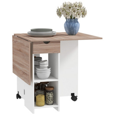 HOMCOM Foldable Dining Table, Drop Leaf Table with Storage for Kitchen, Oak