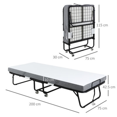 HOMCOM Folding Bed with 10cm Mattress, Portable Foldable with Wheels