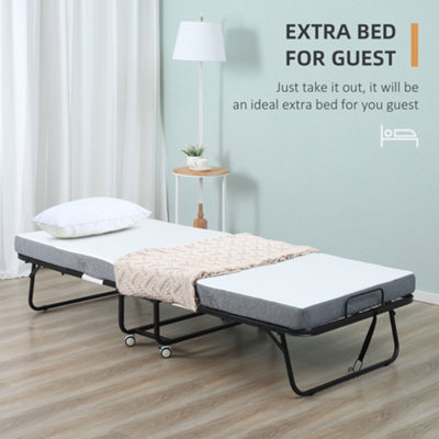 HOMCOM Folding Bed with 10cm Mattress, Portable Foldable with Wheels