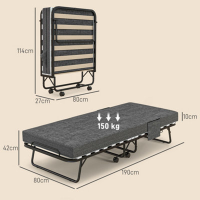 HOMCOM Folding Bed with Mattress Foldable Guest Bed on Wheels w/ Cover ...