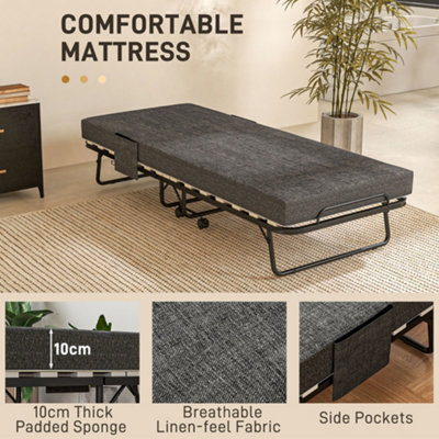 HOMCOM Folding Bed with Mattress Foldable Guest Bed on Wheels w/ Cover ...