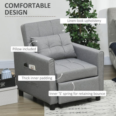 HOMCOM Folding Chair Bed Fold Out Bed with Pillow and Side Pockets Light Grey