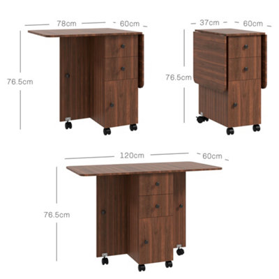 HOMCOM Folding Dining Table, Drop Leaf Table With Drawers Distressed Brown