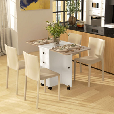HOMCOM Folding Dining Table, Drop Leaf Table With Drawers Oak and White